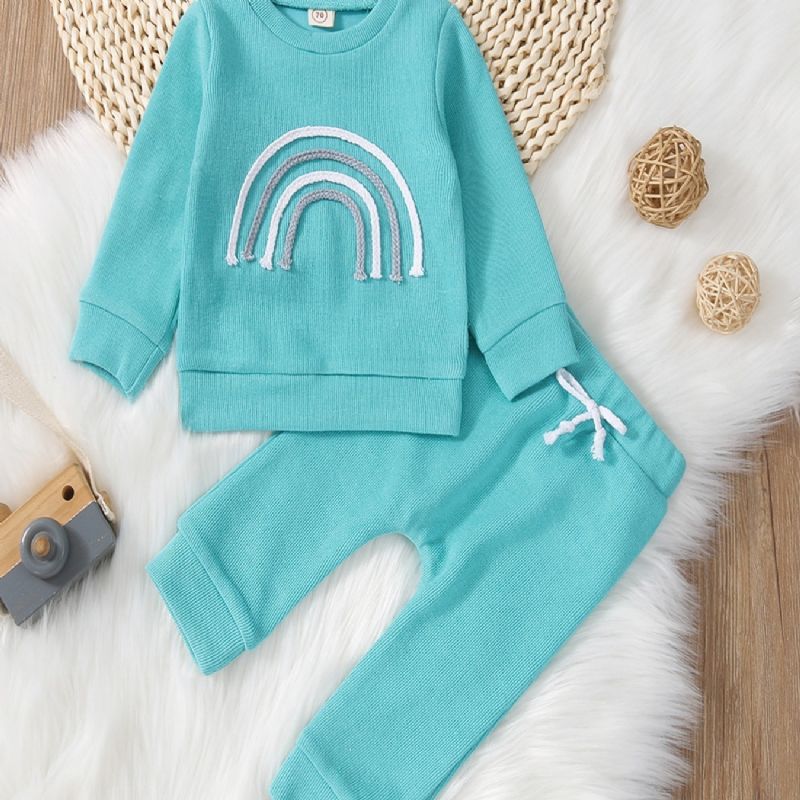 2st Bebis Flickor Casual Rainbow Broderad Pullover Sweatshirt & Dragsko Byxor Set För Vinter