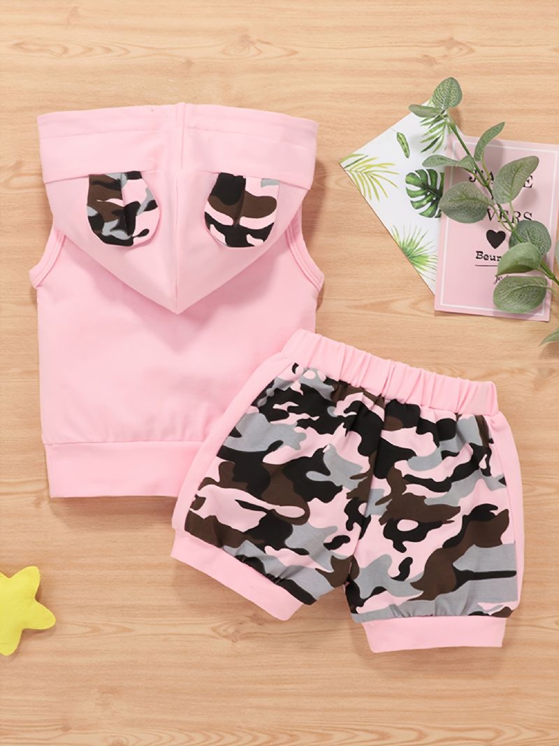 2st Bebis Flickor Set Casual Colorblock Kamouflagetryck Ärmlös Luvtröja & Resårshortsset