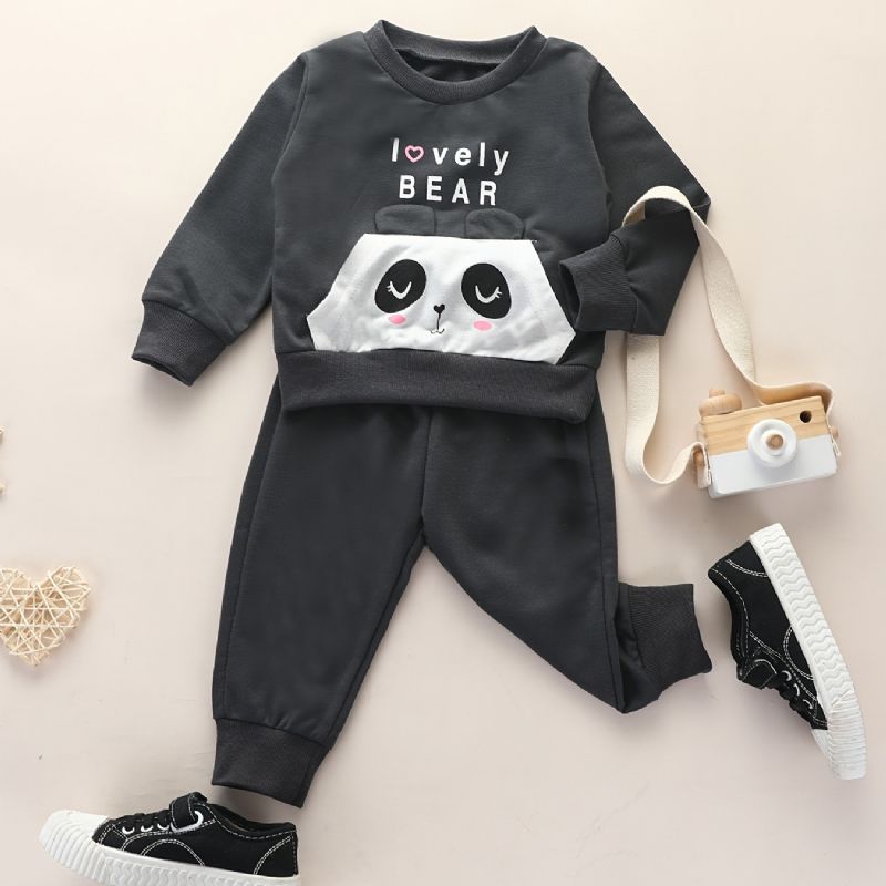 2st Bebis Pojkar Brevtryck Panda Tecknad Rundhalsad Långärmad Pullover Sweatshirt Solid Elastisk Midja Byxor Set Kläder