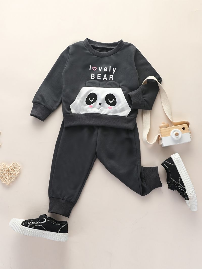 2st Bebis Pojkar Brevtryck Panda Tecknad Rundhalsad Långärmad Pullover Sweatshirt Solid Elastisk Midja Byxor Set Kläder