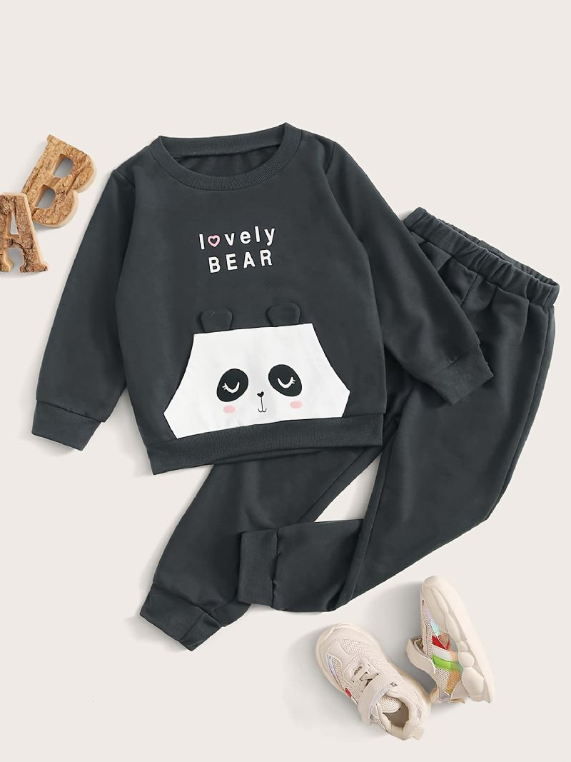 2st Bebis Pojkar Brevtryck Panda Tecknad Rundhalsad Långärmad Pullover Sweatshirt Solid Elastisk Midja Byxor Set Kläder