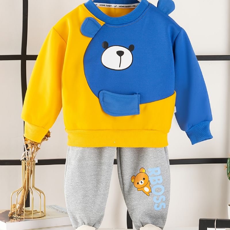 2st Bebis Pojkar Cartoon Bear Splicing Pullover Rund Hals Långärmad Sweatshirt & Byxset Barnkläder