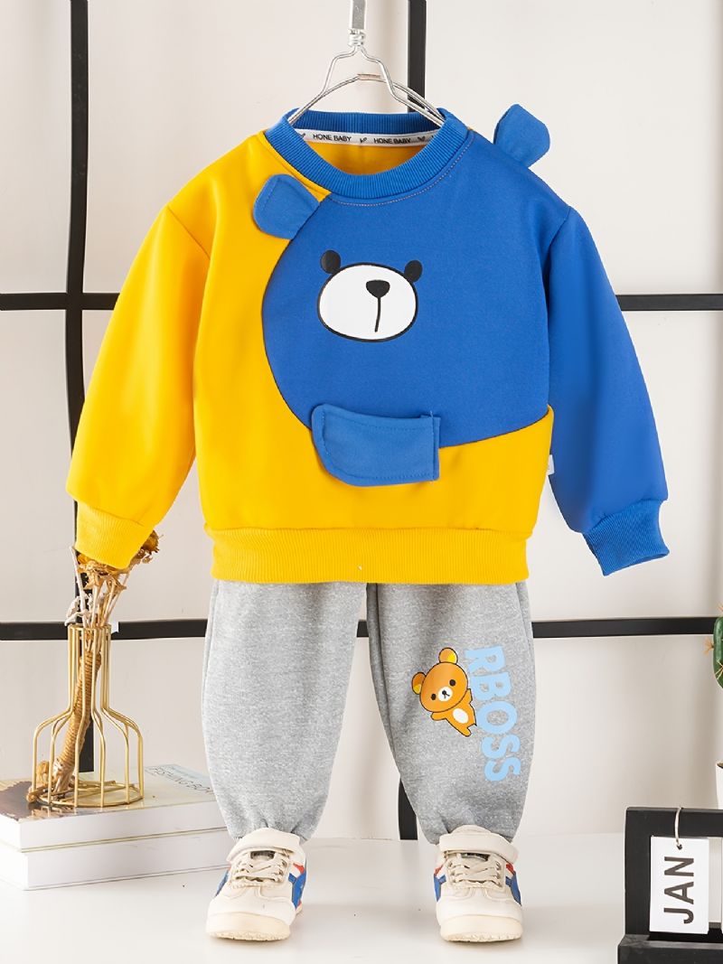 2st Bebis Pojkar Cartoon Bear Splicing Pullover Rund Hals Långärmad Sweatshirt & Byxset Barnkläder