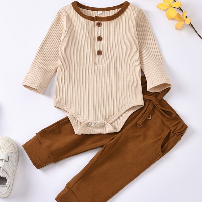 2st Bebis Pojkar Enfärgad Långärmad Round Neck Romper & Byxa Set