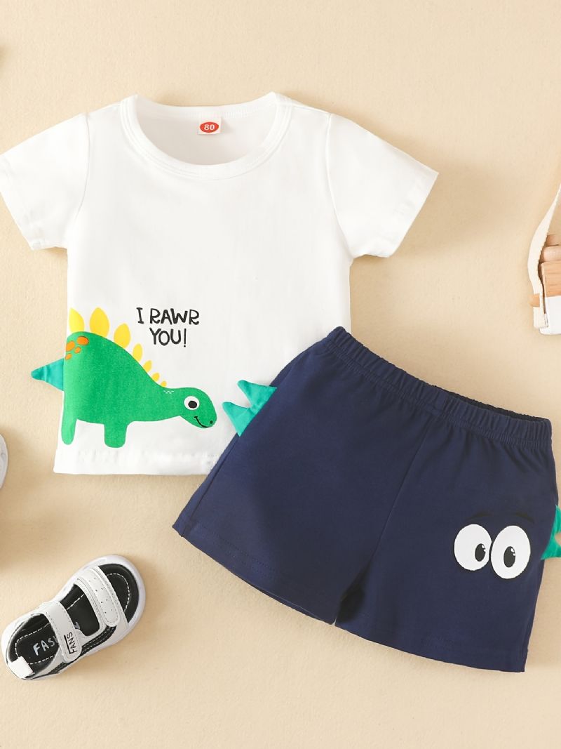 2st Bebis Pojkar Kortärmad Dinosaur Letter Print Tee & Shorts Set Barnkläder