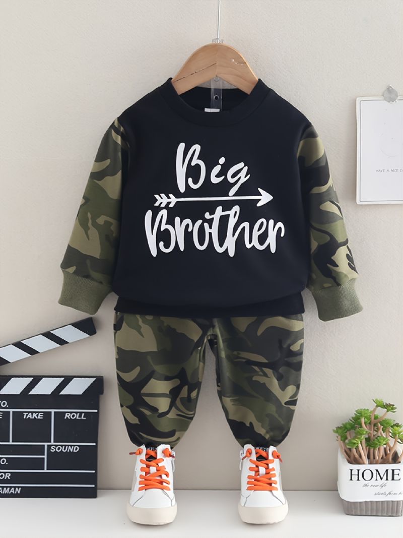 2st Bebis Pojkar Letter Camouflage Print Pullover Rund Neck Långärmad Sweatshirt & Byx Set