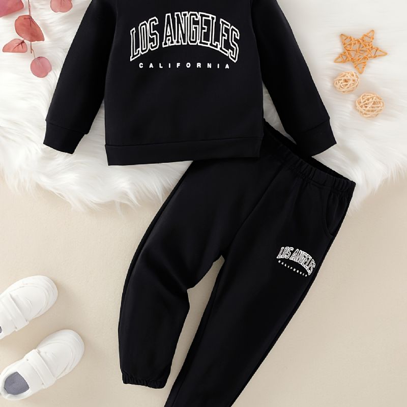 2st Bebis Pojkar Letter Print Pullover Rundhalsad Långärmad Sweatshirt & Byx Set