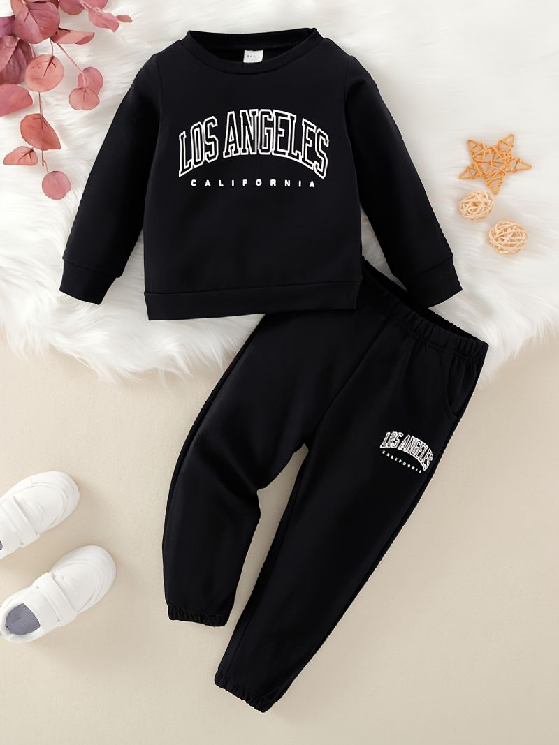 2st Bebis Pojkar Letter Print Pullover Rundhalsad Långärmad Sweatshirt & Byx Set