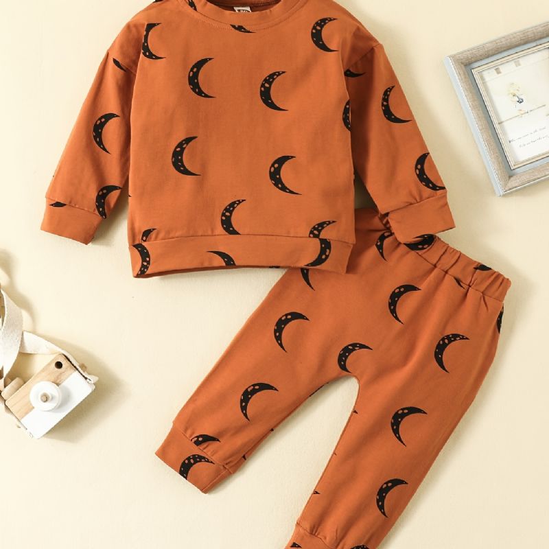 2st Bebis Pojkar Moon Print Rund Hals Långärmad Sweatshirt & Byx Set