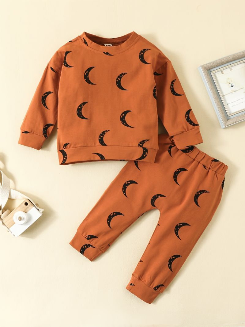 2st Bebis Pojkar Moon Print Rund Hals Långärmad Sweatshirt & Byx Set