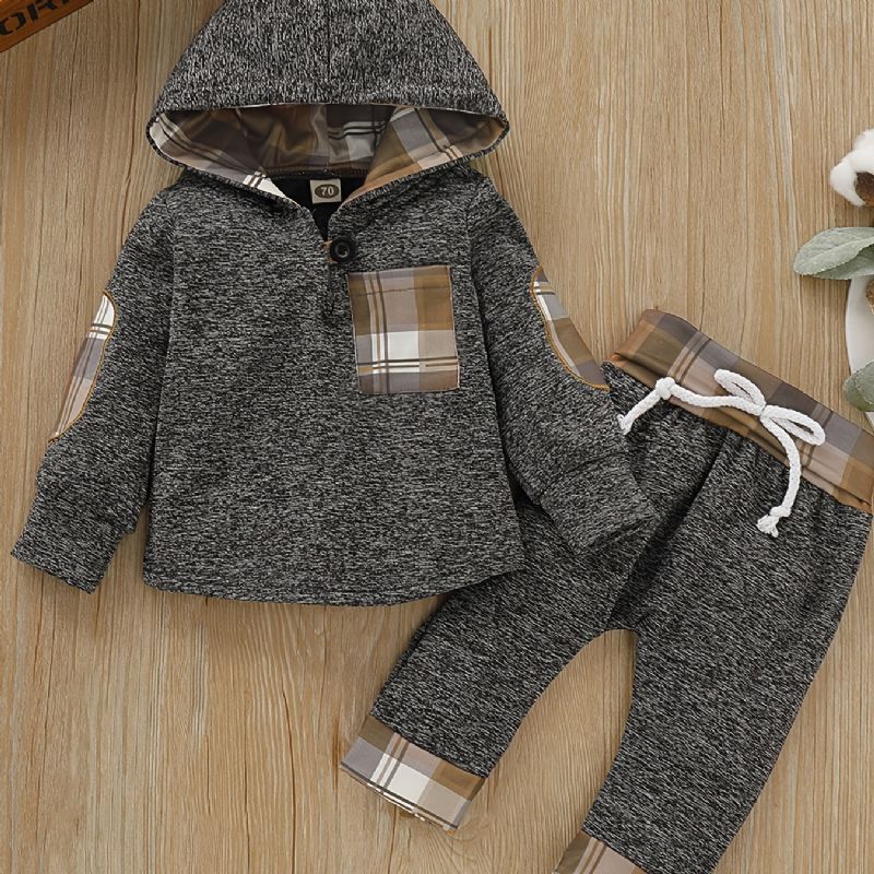 2st Bebis Pojkar Rutigt Hoodies Vinter Sweatshirt & Kontrast Trim Set