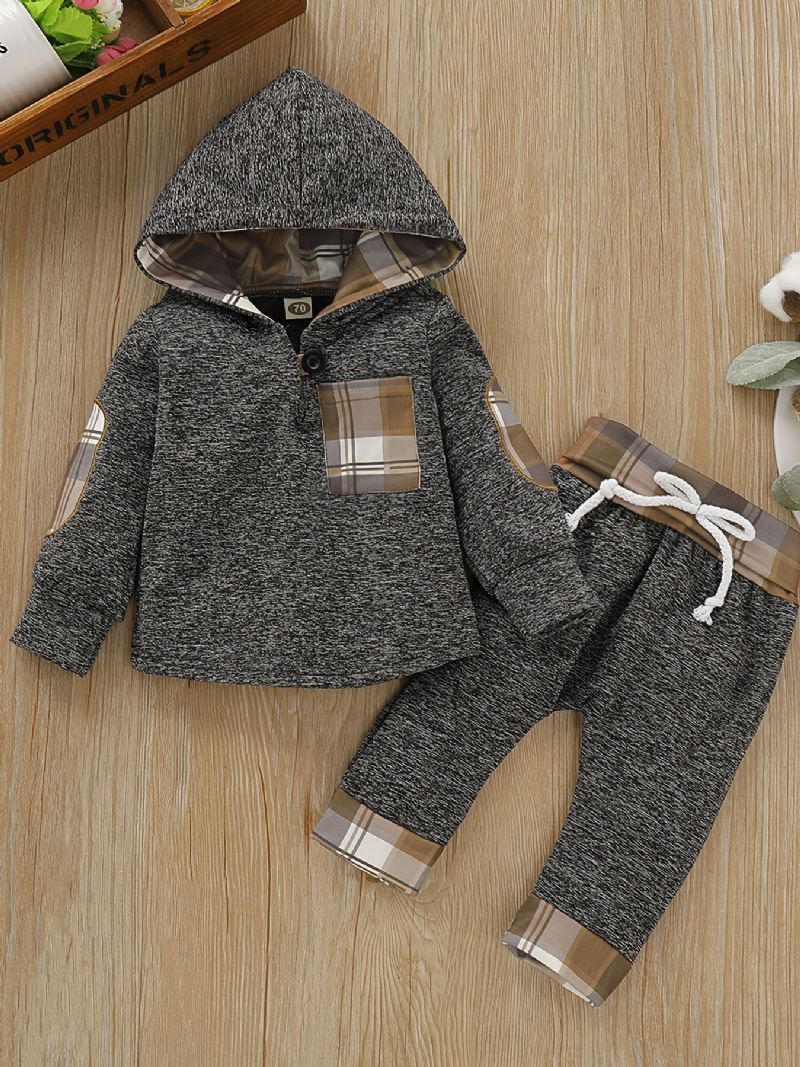 2st Bebis Pojkar Rutigt Hoodies Vinter Sweatshirt & Kontrast Trim Set