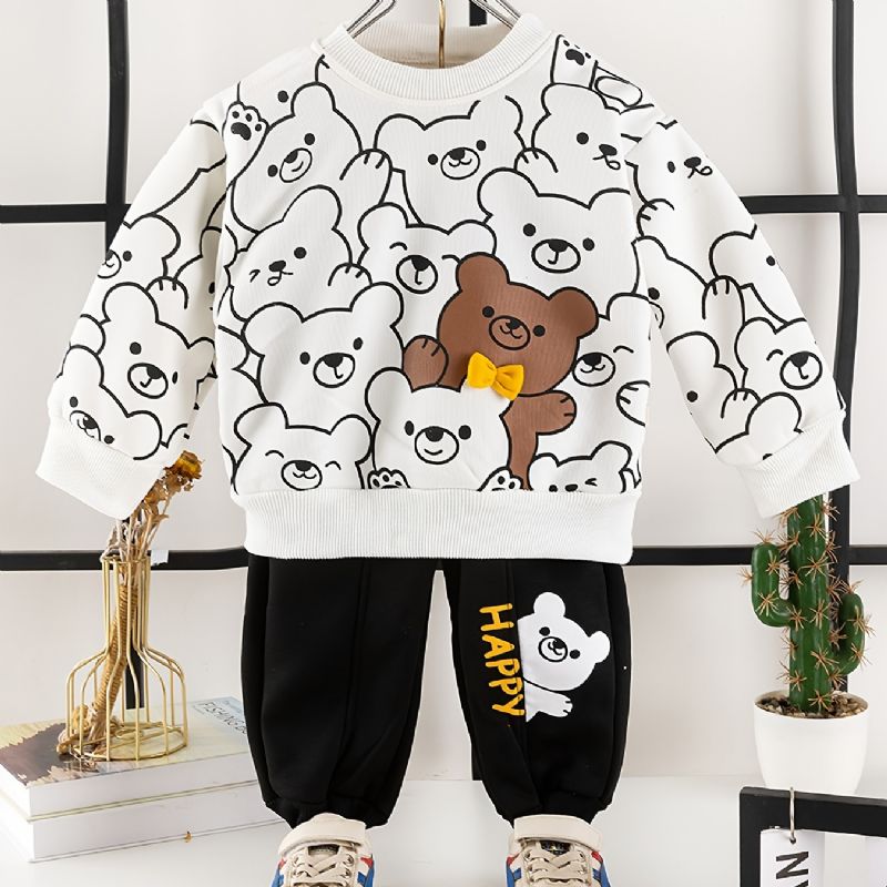 2st Bebis Pojkar Tecknad Bear Print Pullover Rundhalsad Långärmad Sweatshirt & Byxset Barnkläder