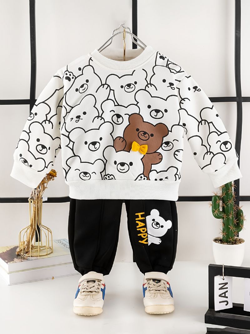 2st Bebis Pojkar Tecknad Bear Print Pullover Rundhalsad Långärmad Sweatshirt & Byxset Barnkläder