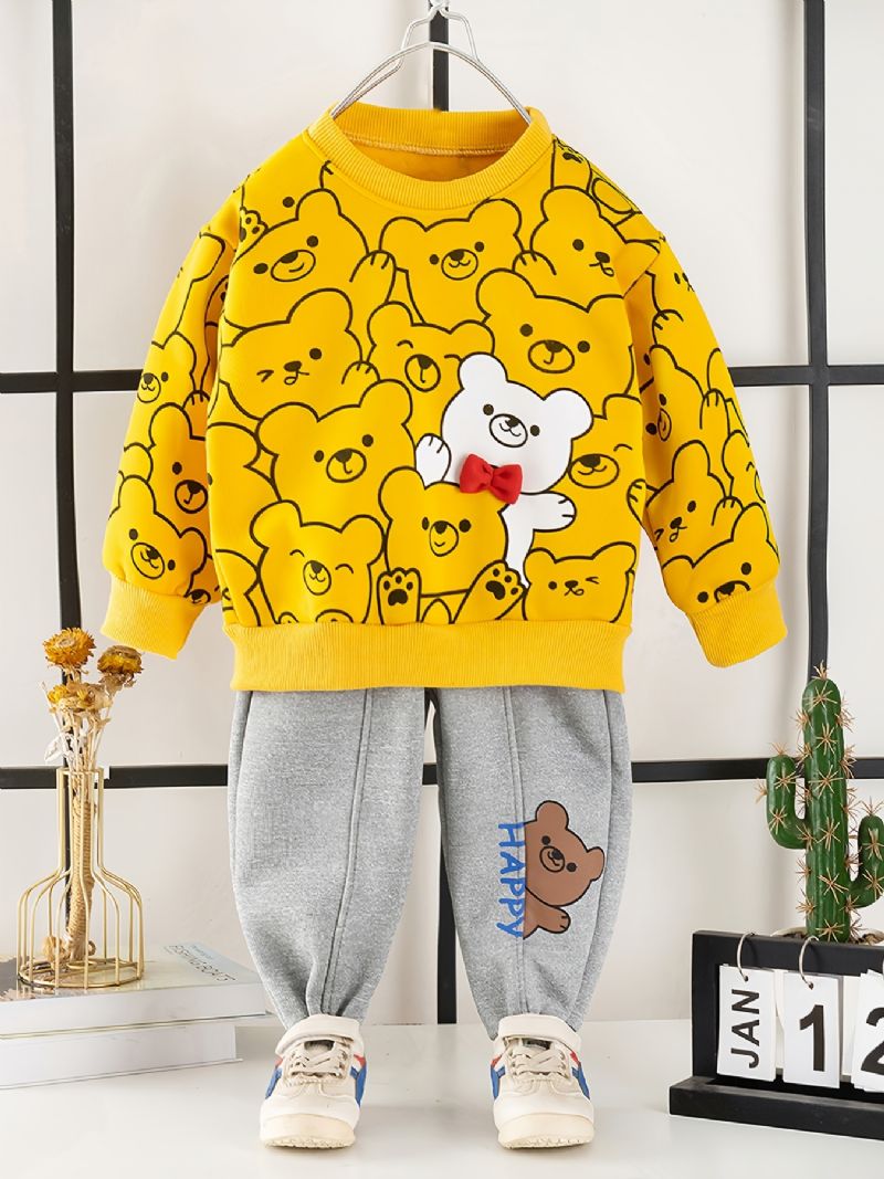 2st Bebis Pojkar Tecknad Bear Print Pullover Rundhalsad Långärmad Sweatshirt & Byxset Barnkläder