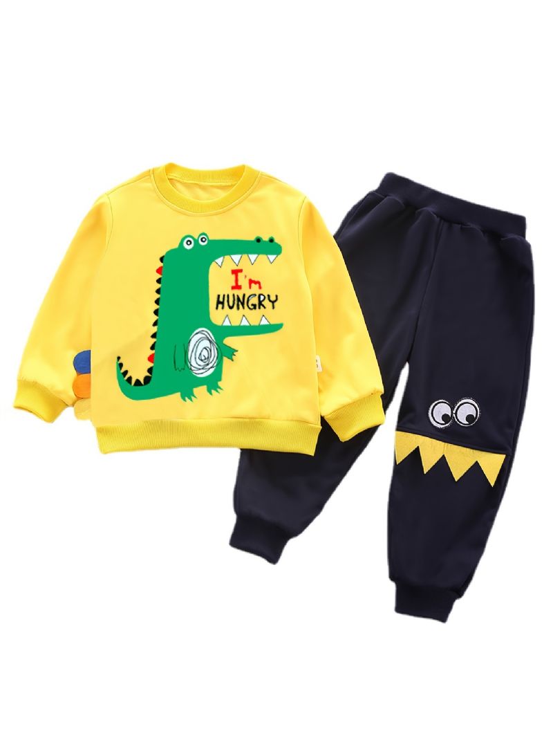 2st Bebis Pojkar Tecknad Dinosaur Print Pullover Rundhalsad Långärmad Sweatshirt & Byxa Barnkläder Set