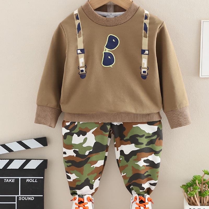 2st Bebis Strap Solglasögon Print Pullover Rundhalsad Långärmad Sweatshirt & Camouflage Byx Set För Pojkar