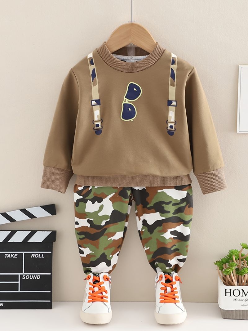 2st Bebis Strap Solglasögon Print Pullover Rundhalsad Långärmad Sweatshirt & Camouflage Byx Set För Pojkar