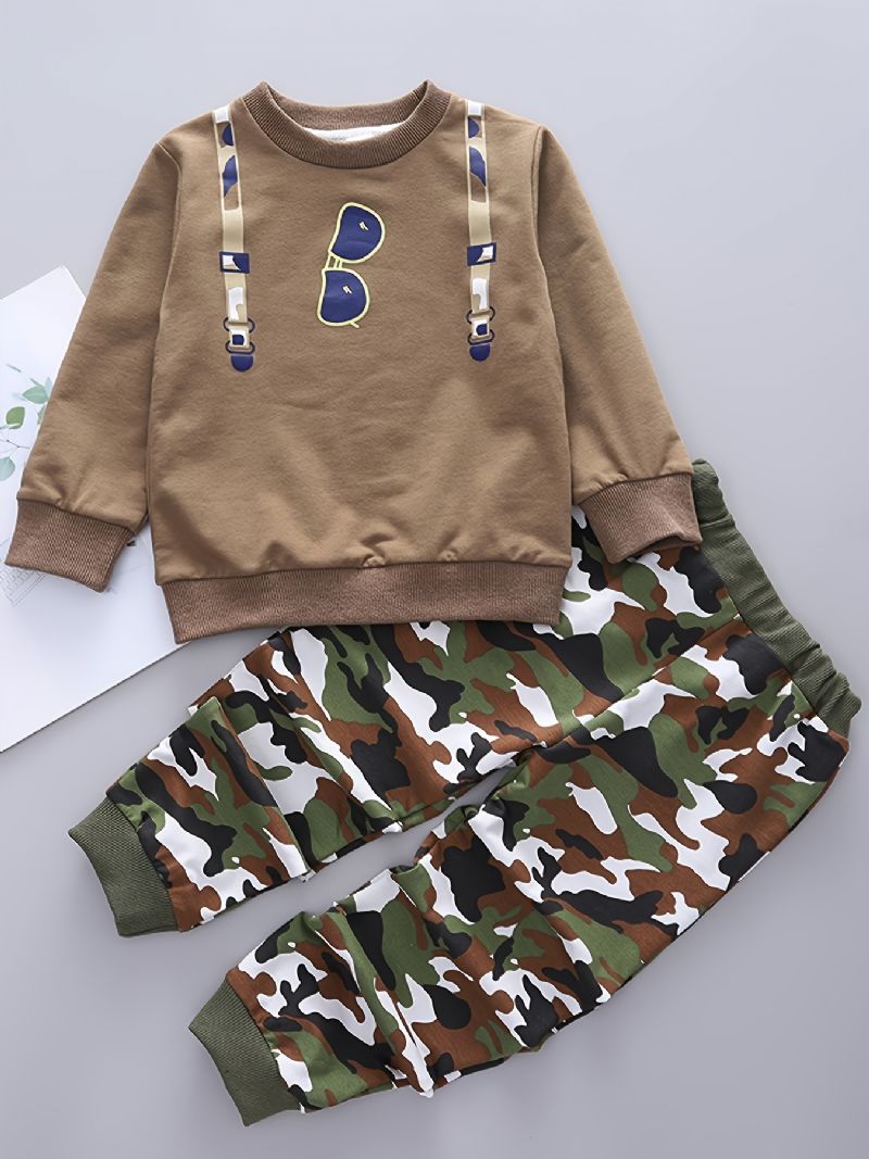 2st Bebis Strap Solglasögon Print Pullover Rundhalsad Långärmad Sweatshirt & Camouflage Byx Set För Pojkar