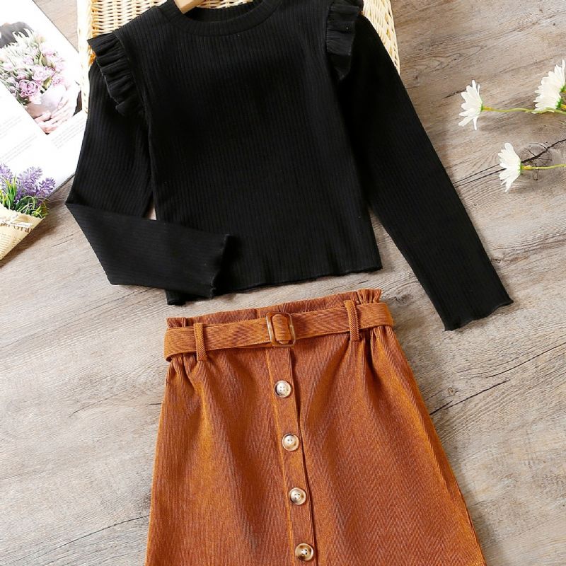 2st Flickor Black Long Sleeve Top & A-line Kjol Set