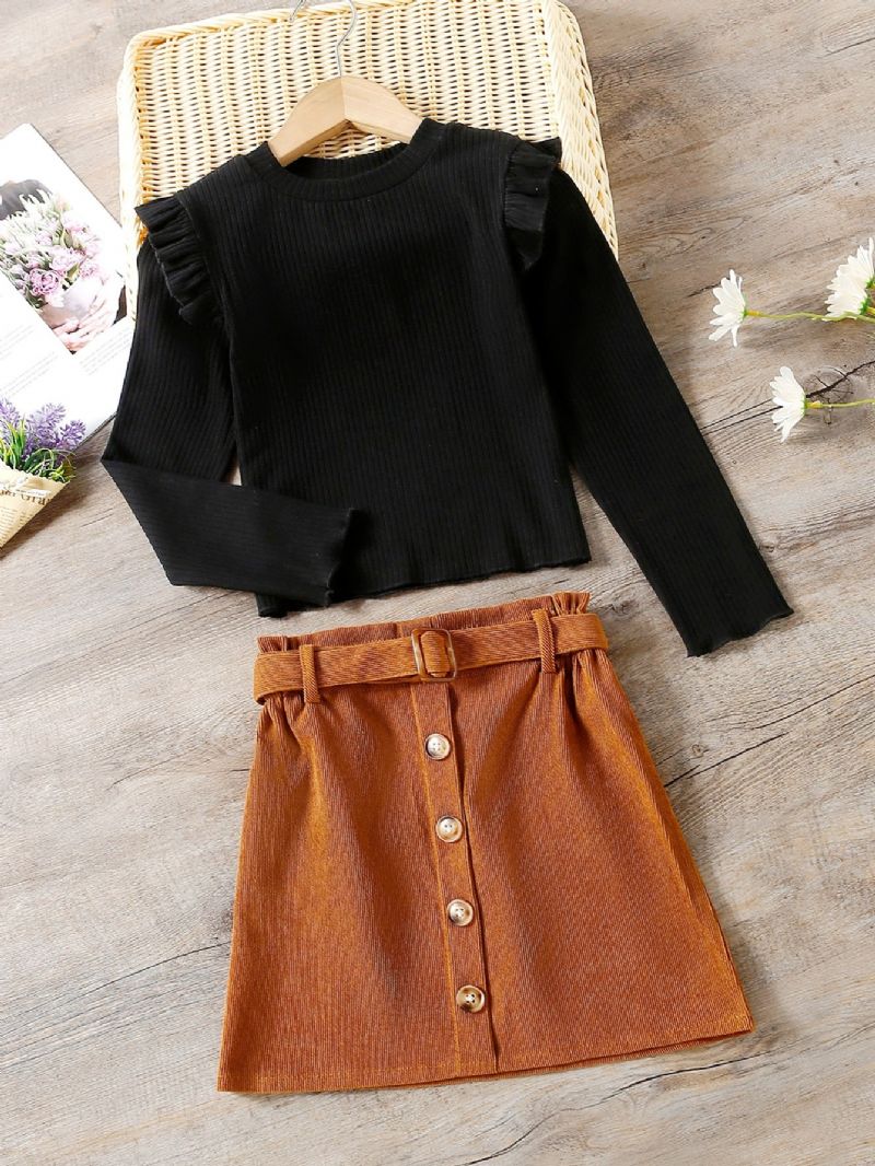 2st Flickor Black Long Sleeve Top & A-line Kjol Set