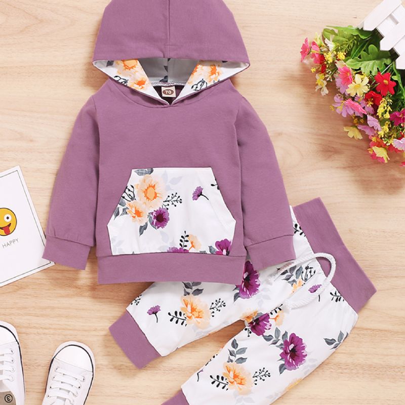 2st Flickor Blommig Hooded Pocket Långärmad Sweatshirt Set