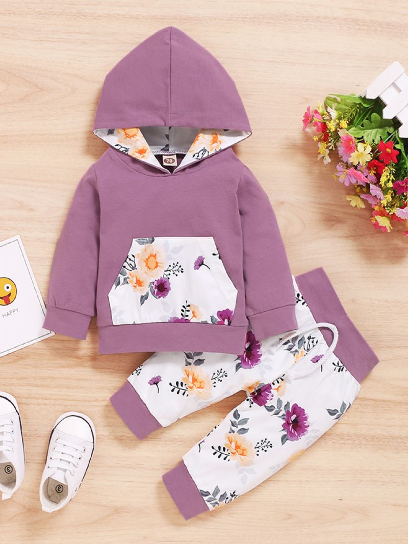 2st Flickor Blommig Hooded Pocket Långärmad Sweatshirt Set