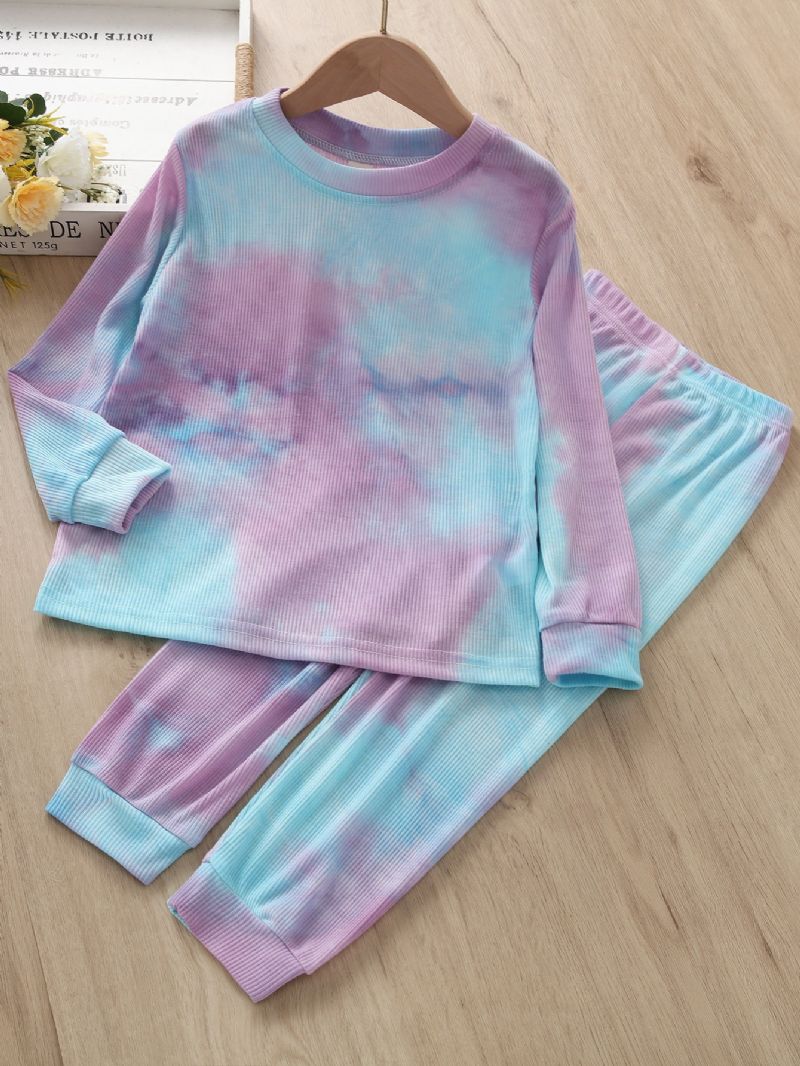 2st Flickor Casual Tie Dye Långärmad Rundhalsad Toppar & Byxor Set Barnkläder