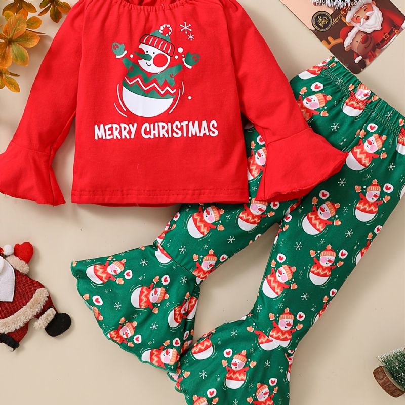 2st Flickor Christmas Snowman Top & Flared Byx Set Winter Sets