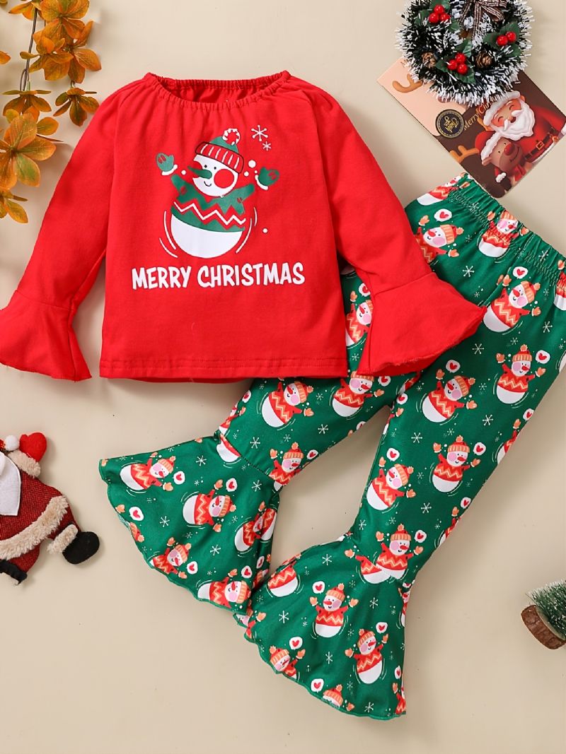 2st Flickor Christmas Snowman Top & Flared Byx Set Winter Sets