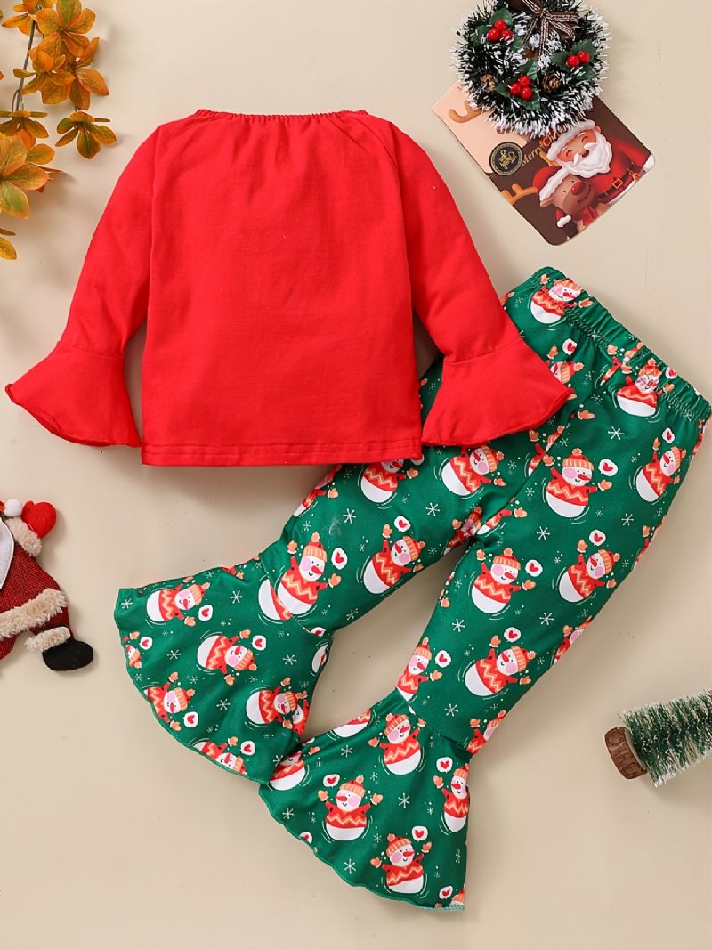 2st Flickor Christmas Snowman Top & Flared Byx Set Winter Sets