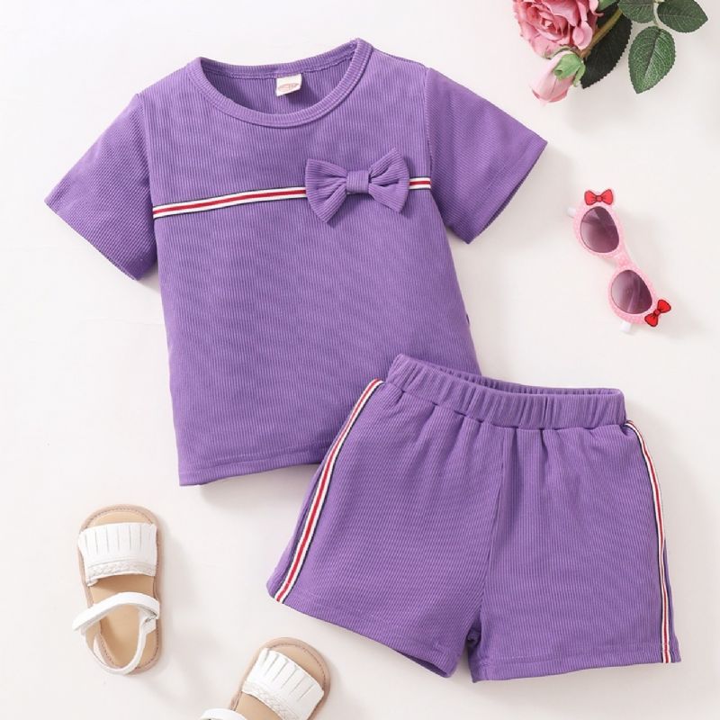 2st Flickor Kortärmad Rosett Lila T-shirt & Shorts Set