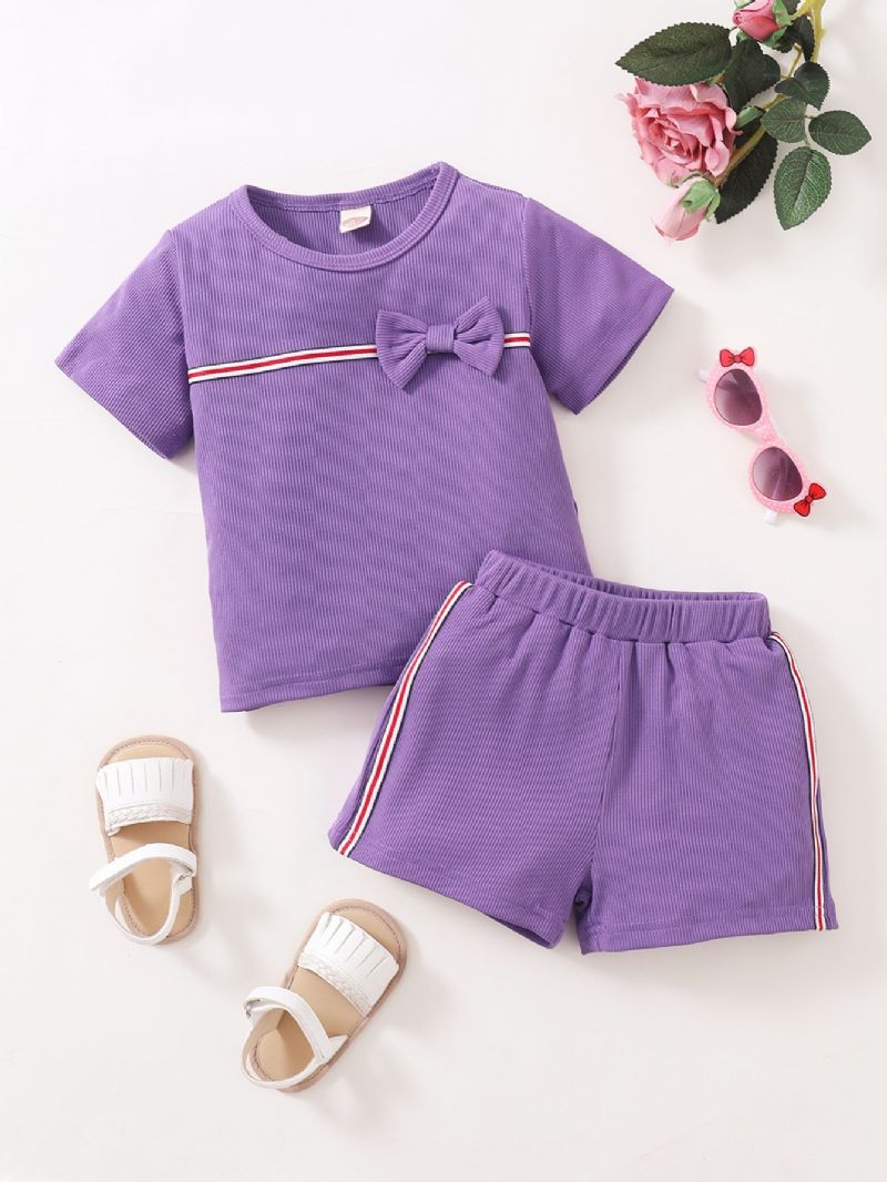 2st Flickor Kortärmad Rosett Lila T-shirt & Shorts Set