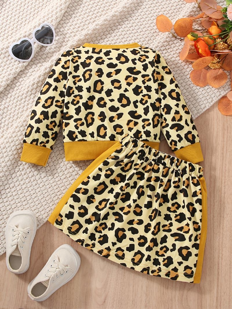 2st Flickor Söt Leopard Print Pullover Sweatshirt & Hip Kjol Set För Vinterfest