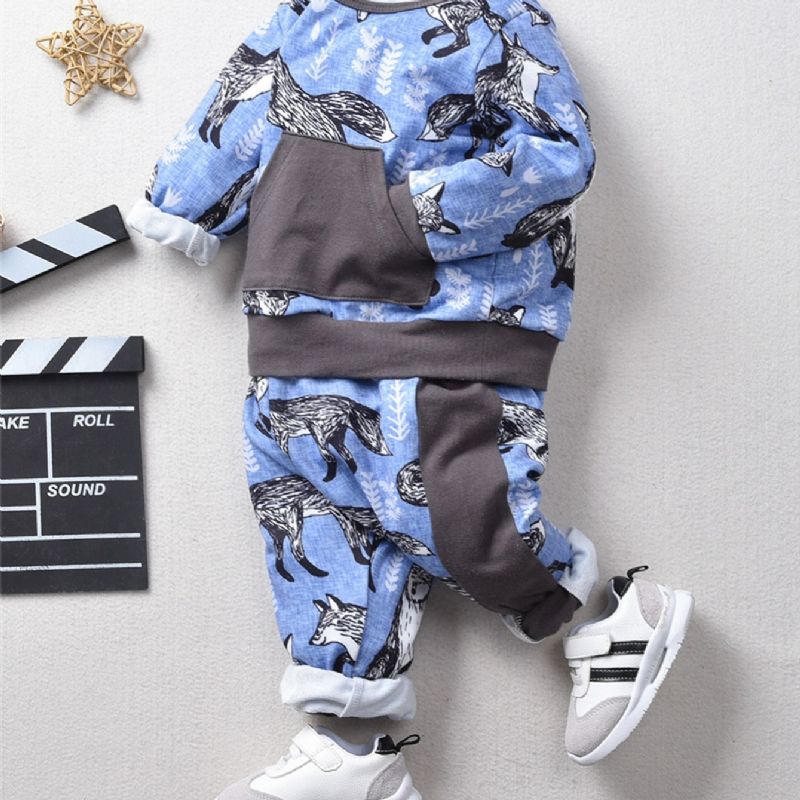 2st Höst Vinter Flickor Snow Fox Print Sweatshirt Suit Set