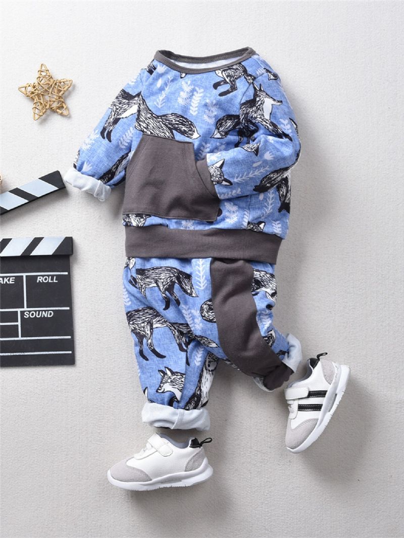 2st Höst Vinter Flickor Snow Fox Print Sweatshirt Suit Set