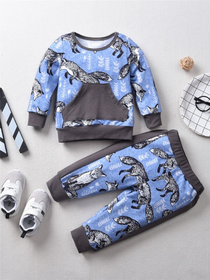 2st Höst Vinter Flickor Snow Fox Print Sweatshirt Suit Set