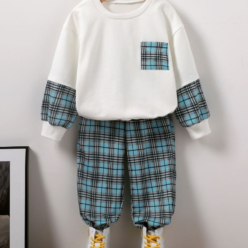 2st Pojkar Blue Gingham Sweatshirt Set