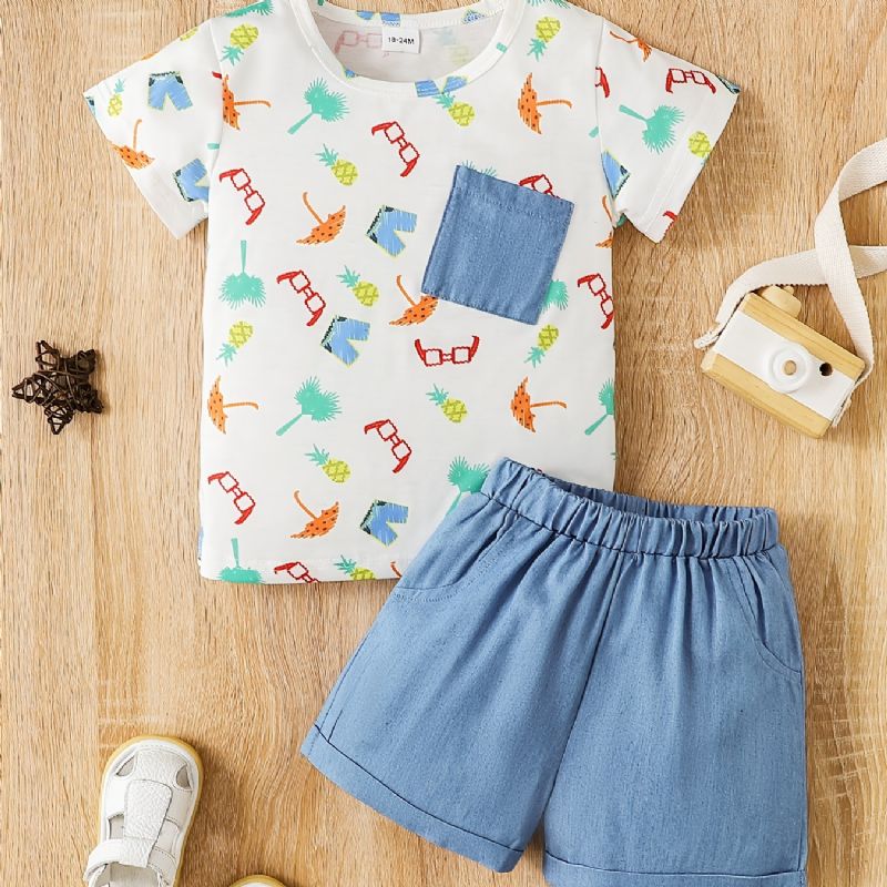 2st Pojkar Casual Full Random Print Denim Shorts Set