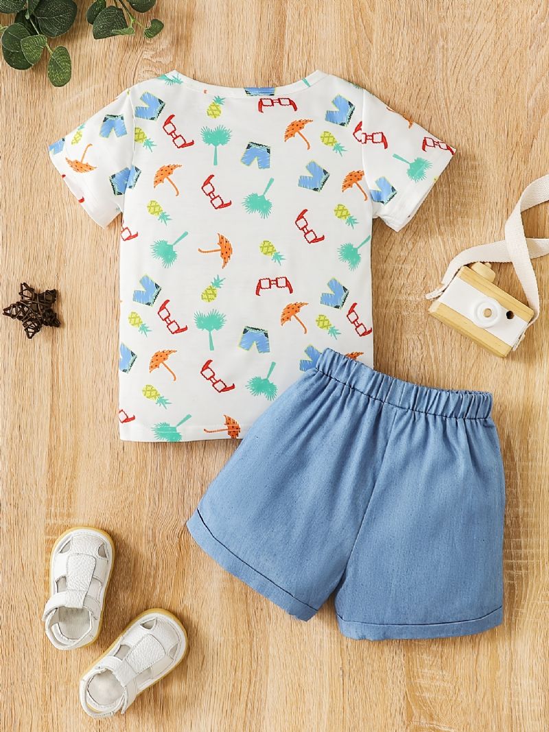 2st Pojkar Casual Full Random Print Denim Shorts Set