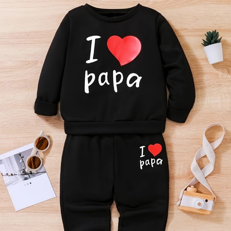 2st Pojkar Causal Active Set Med I Love Papa Print Pullover Sweatshirt & Sweatpants För Vinter