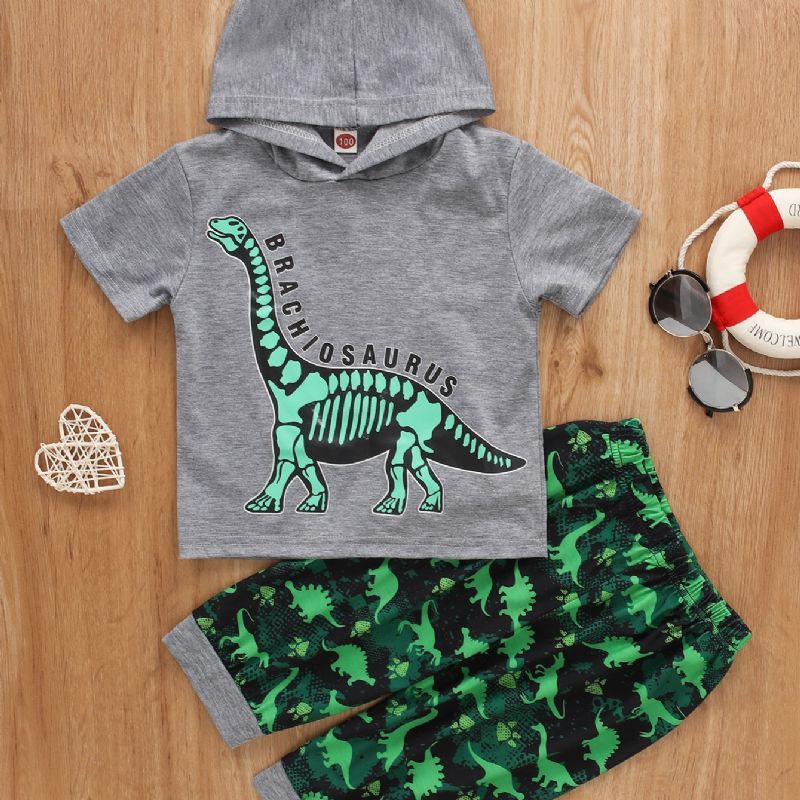 2st Pojkar Dinosaur Print Hooded Short Sleeve Set