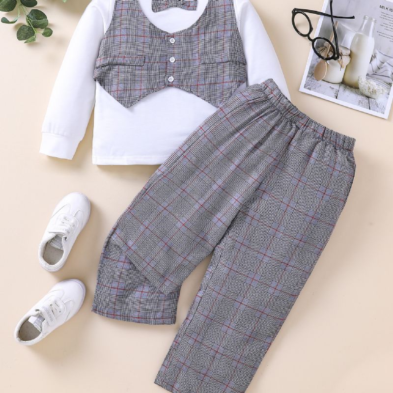 2st Pojkar Gingham Bow Sleeve Topp & Byxor Set