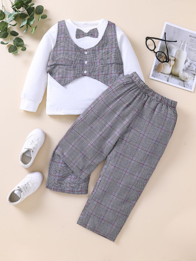 2st Pojkar Gingham Bow Sleeve Topp & Byxor Set