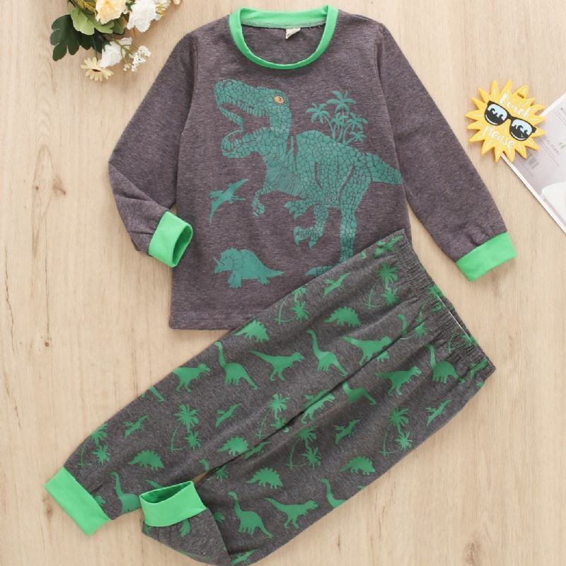 2st Pojkkläder Gröna Dinosaur Print Långärmad Casual Set