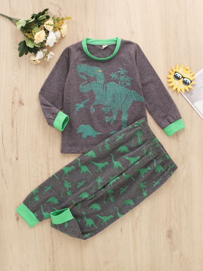 2st Pojkkläder Gröna Dinosaur Print Långärmad Casual Set