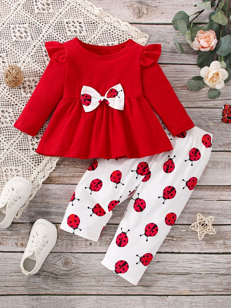 2st/set Bebis Flickor Flying Sleeve Långärmad Rosett Top & Cartoon Ladybug Print Byxor Bebiskläder