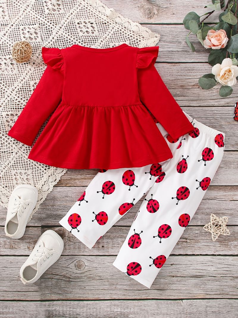 2st/set Bebis Flickor Flying Sleeve Långärmad Rosett Top & Cartoon Ladybug Print Byxor Bebiskläder