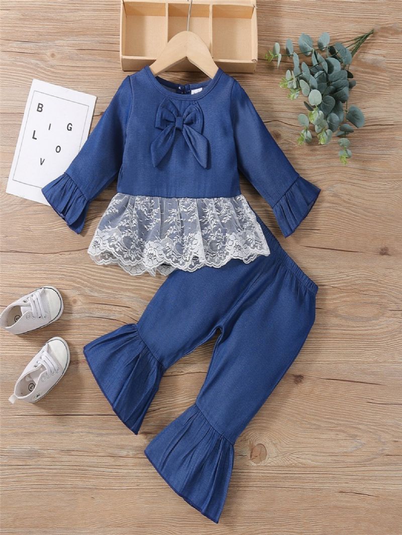 2st / Set Flickor Denim Lace Bow Långärmad & Byxor