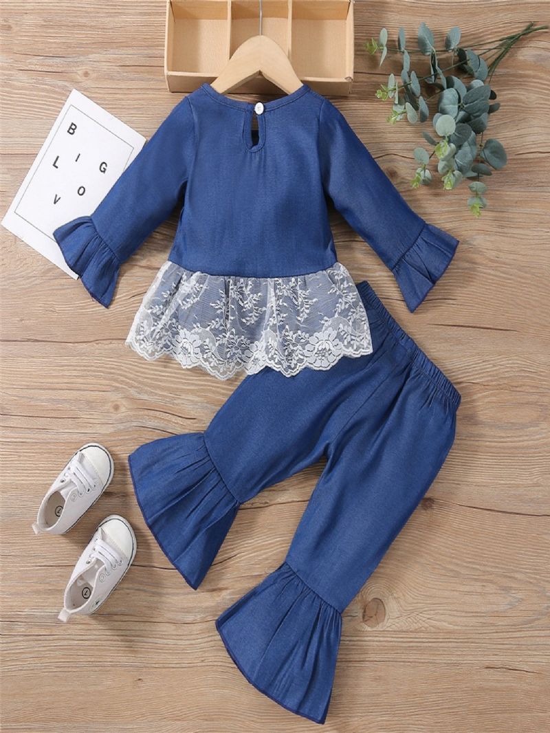 2st / Set Flickor Denim Lace Bow Långärmad & Byxor